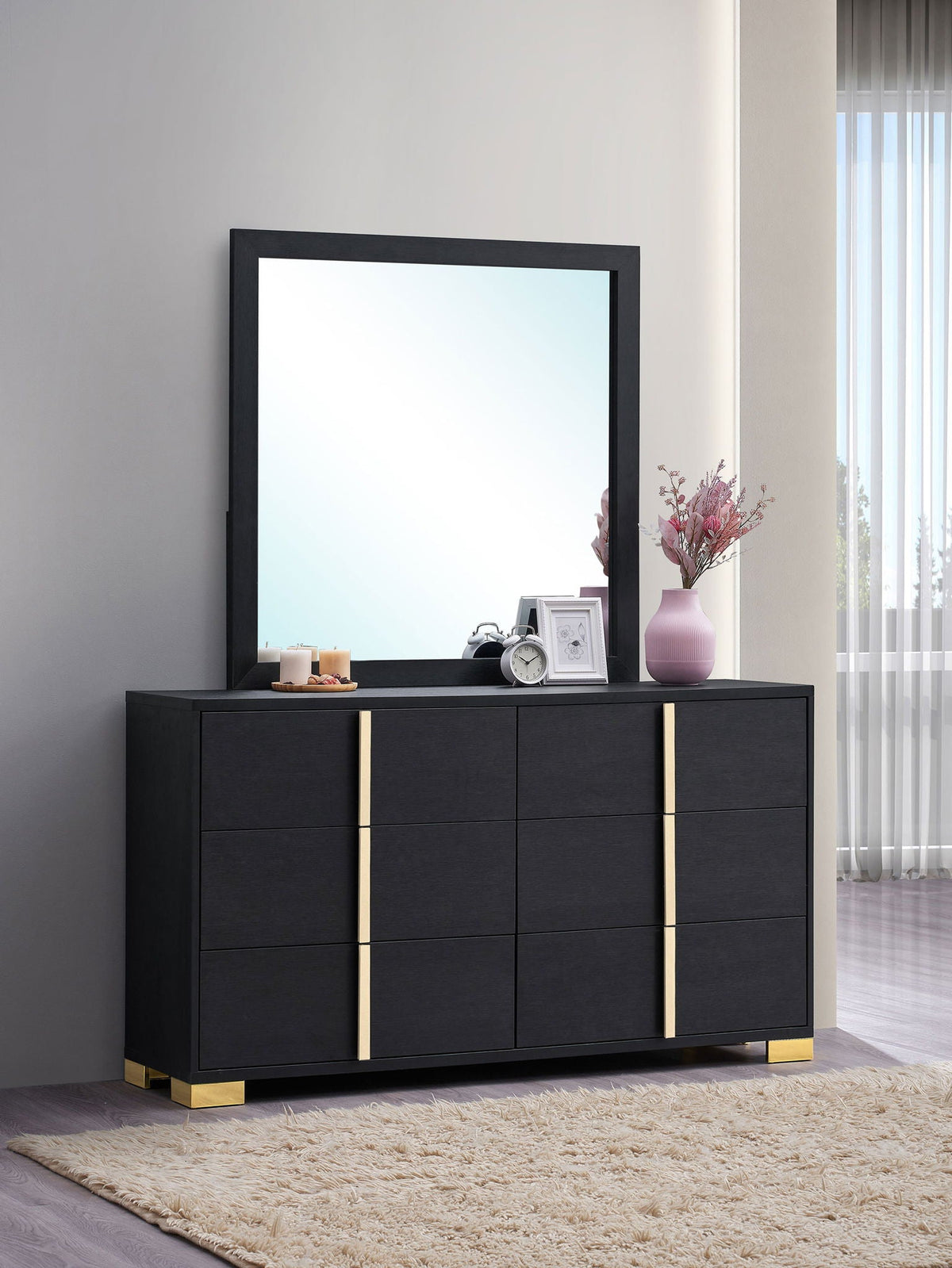 Marceline 6-drawer Dresser with Mirror Black by Unique Piece Furniture