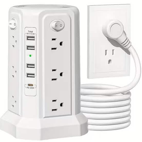 Surge Protector Tower 1800J with 4 USB A Ports, USB C (PD18W) Port, 12 AC Outlets and 10FT Cord by DailySale