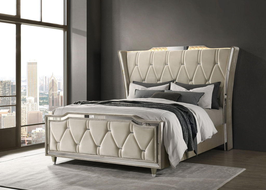 Lorient Queen LED Upholstered Wingback Bed Ivory and Camel by Unique Piece Furniture