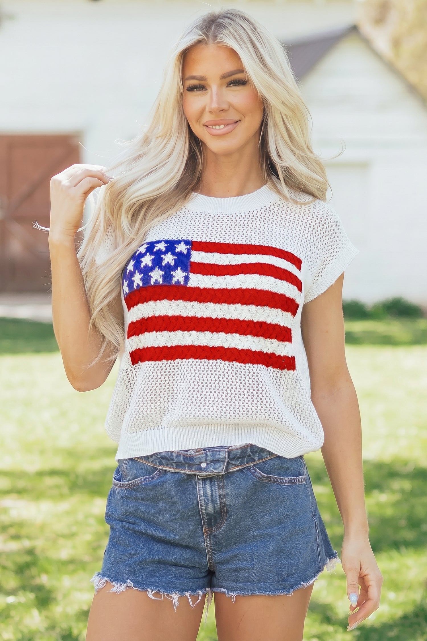 Sky Blue Flag Graphic Short Sleeve Sweater Top by Dear-Lover Dropshipping