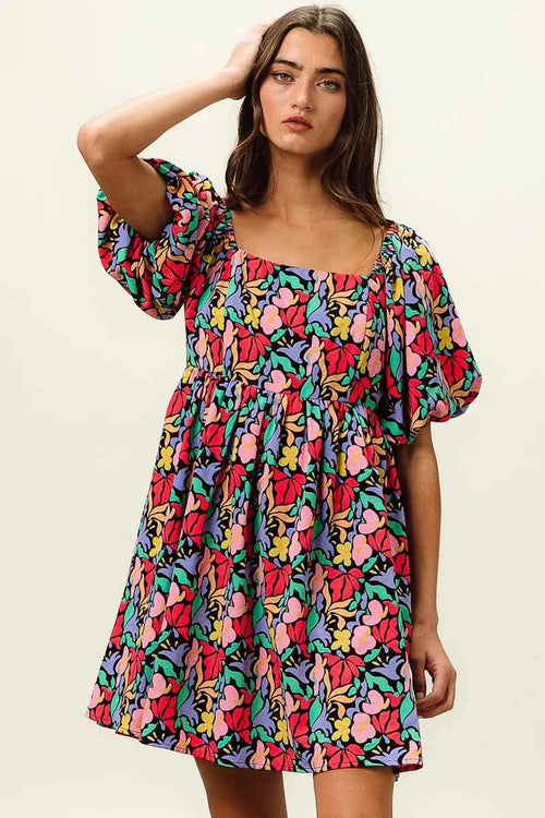 BiBi Floral Print Puff Square Neck Dress by Wild and Free Boutique