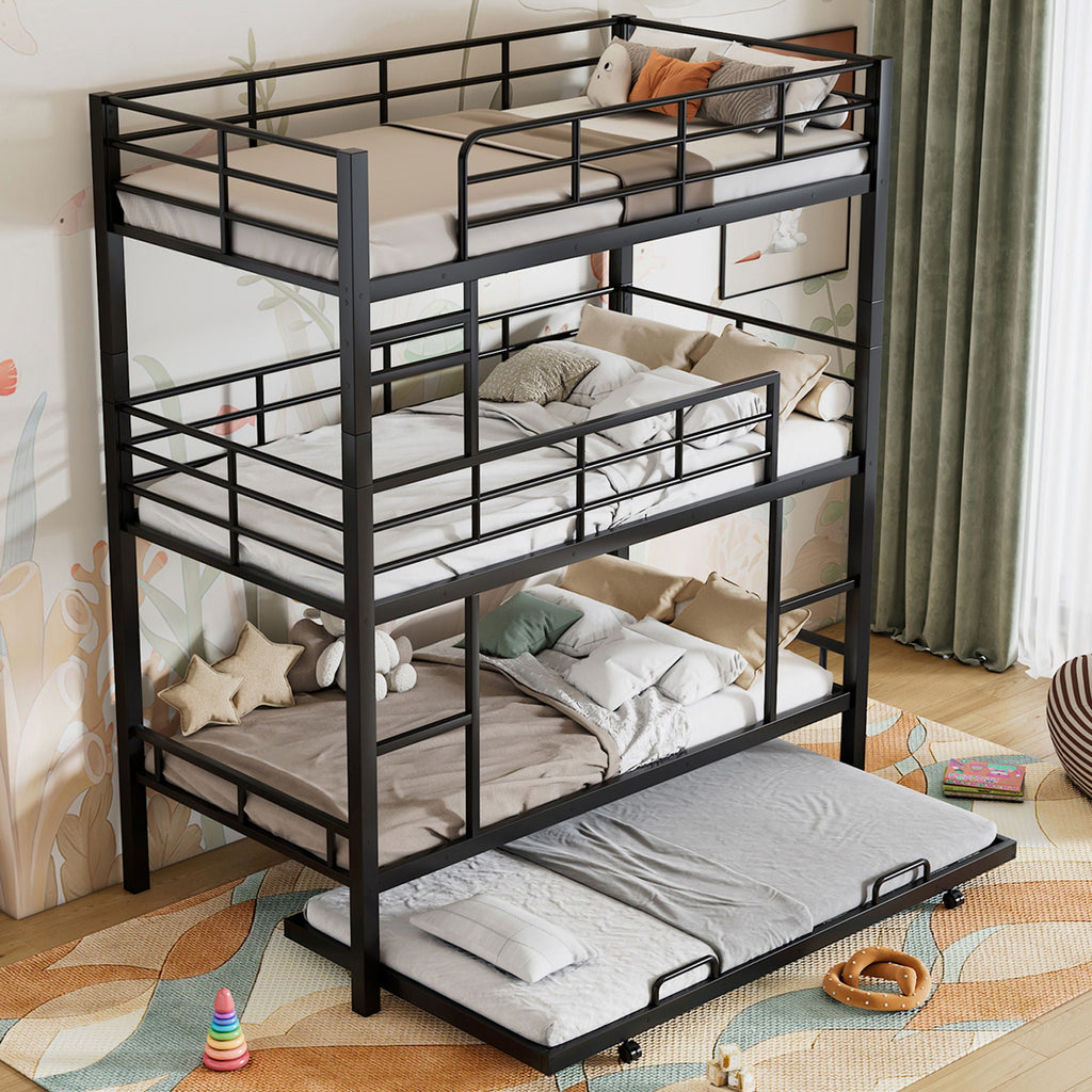 Triple Bunk Bed With Trundle, Heavy Duty Steel Construction by Unique Piece Furniture