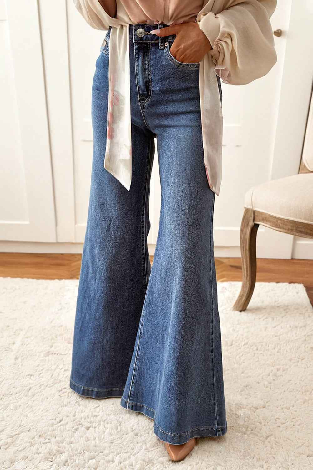 Dirty blue High Waist Button Zip Fly Bell Bottom Jeans by Wild and Free Boutique