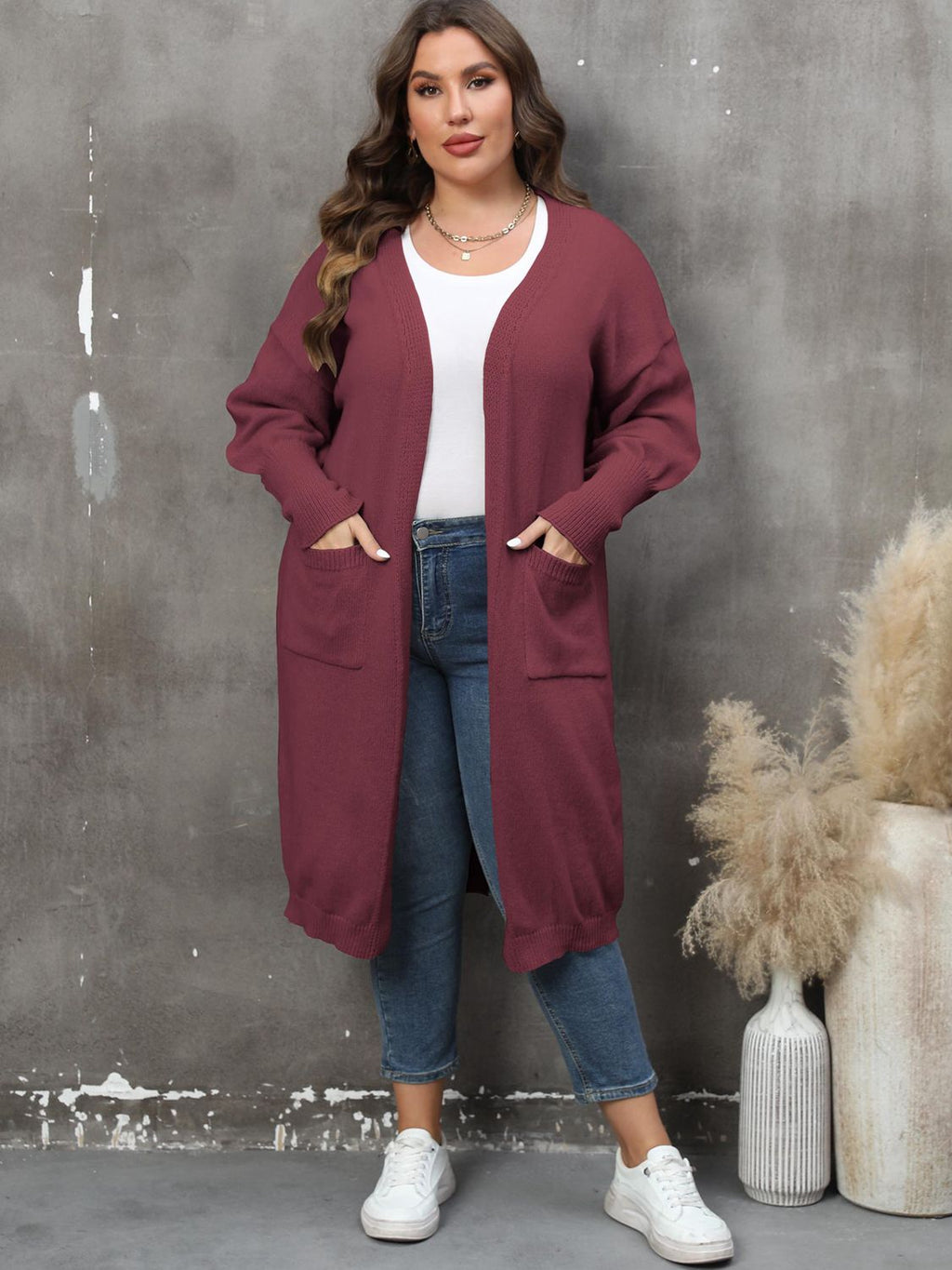 Plus Size Long Sleeve Pocketed Cardigan by Wild and Free Boutique