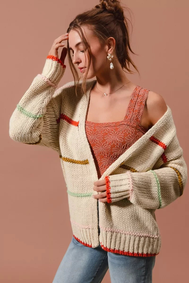 SO ME Loose Fit Multi Stripe Open Front Cardigan by FitiqueFit