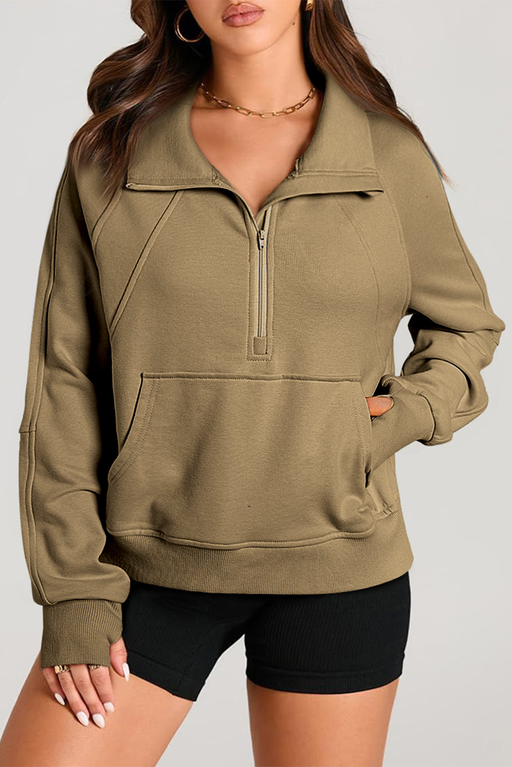 Smoke Green Quarter Zip Stand Neck Kangaroo Pocket Sweatshirt by Wild and Free Boutique