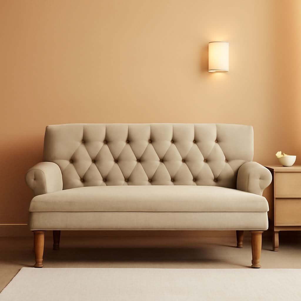 Warm Beige Tufted Linen Love Seat For Small Spaces by ShipItFurniture