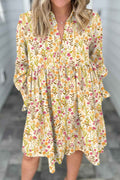 Yellow Floral Print Frilly Trim Smocked Cuff Long Sleeve Loose Shirt Dress by Wild and Free Boutique