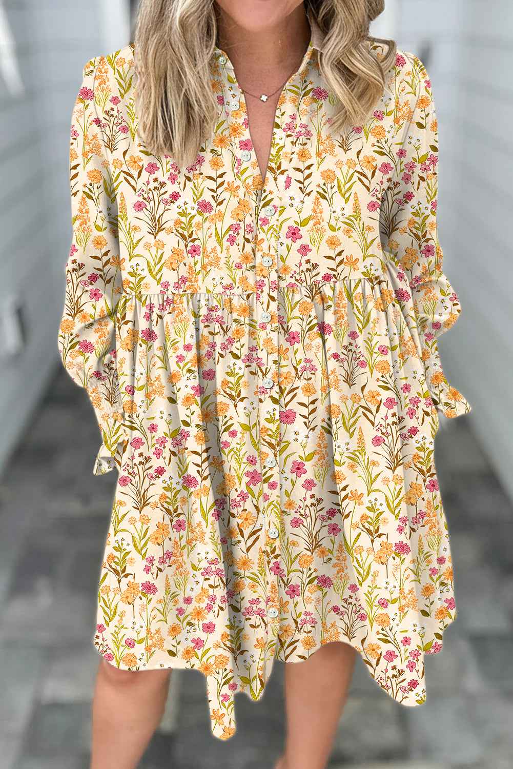 Yellow Floral Print Frilly Trim Smocked Cuff Long Sleeve Loose Shirt Dress by Wild and Free Boutique