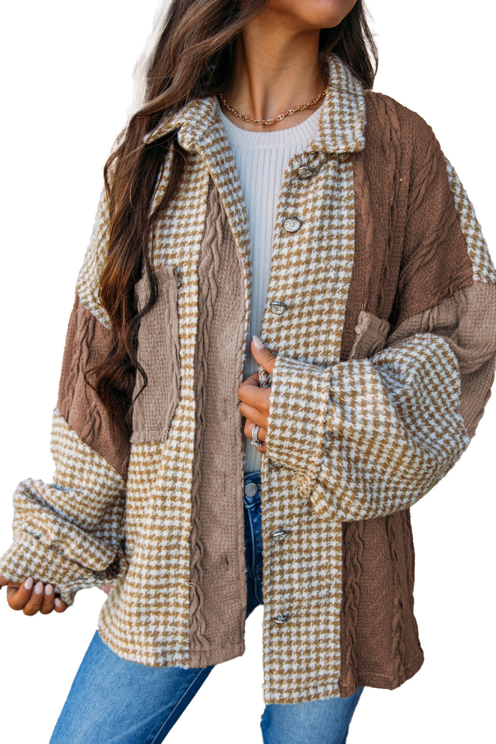 Pink Houndstooth Textured Patchwork Loose Shacket by Wild and Free Boutique
