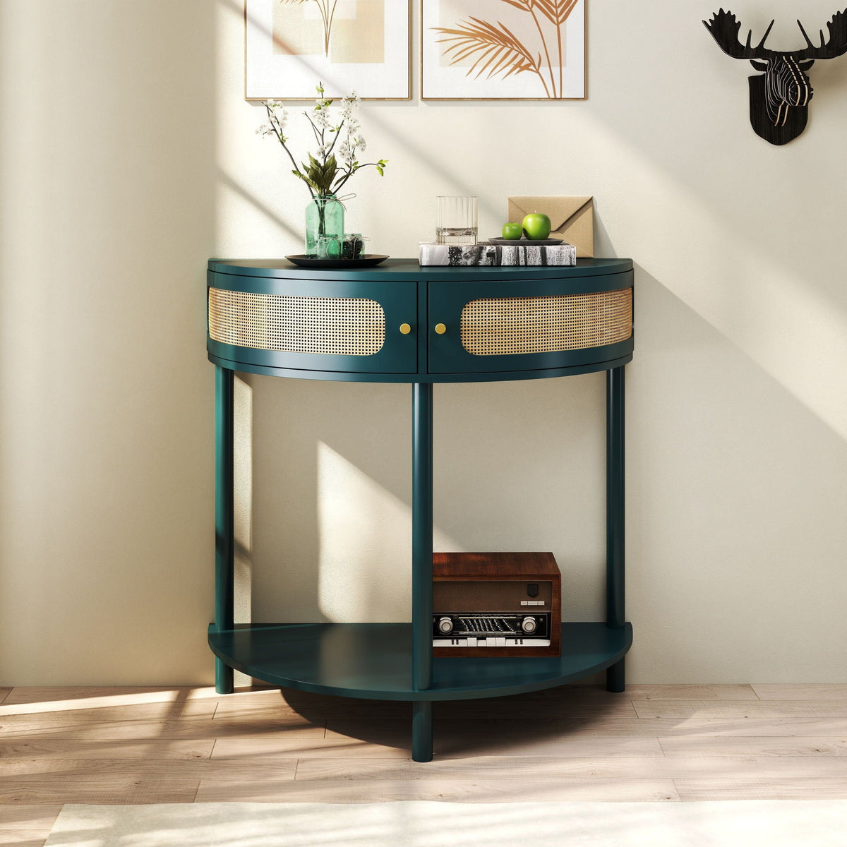 Boho Rattan Semi Circle End Table With Sliding Rattan Door, Storage And Bottom Shelf by Unique Piece Furniture