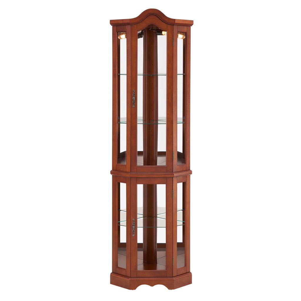 Corner Curio Cabinet With Lights, Adjustable Tempered Glass Shelves, Mirrored Back, Display Cabinet (E26 Light Bulb Not Included) - Walnut by Unique Piece Furniture
