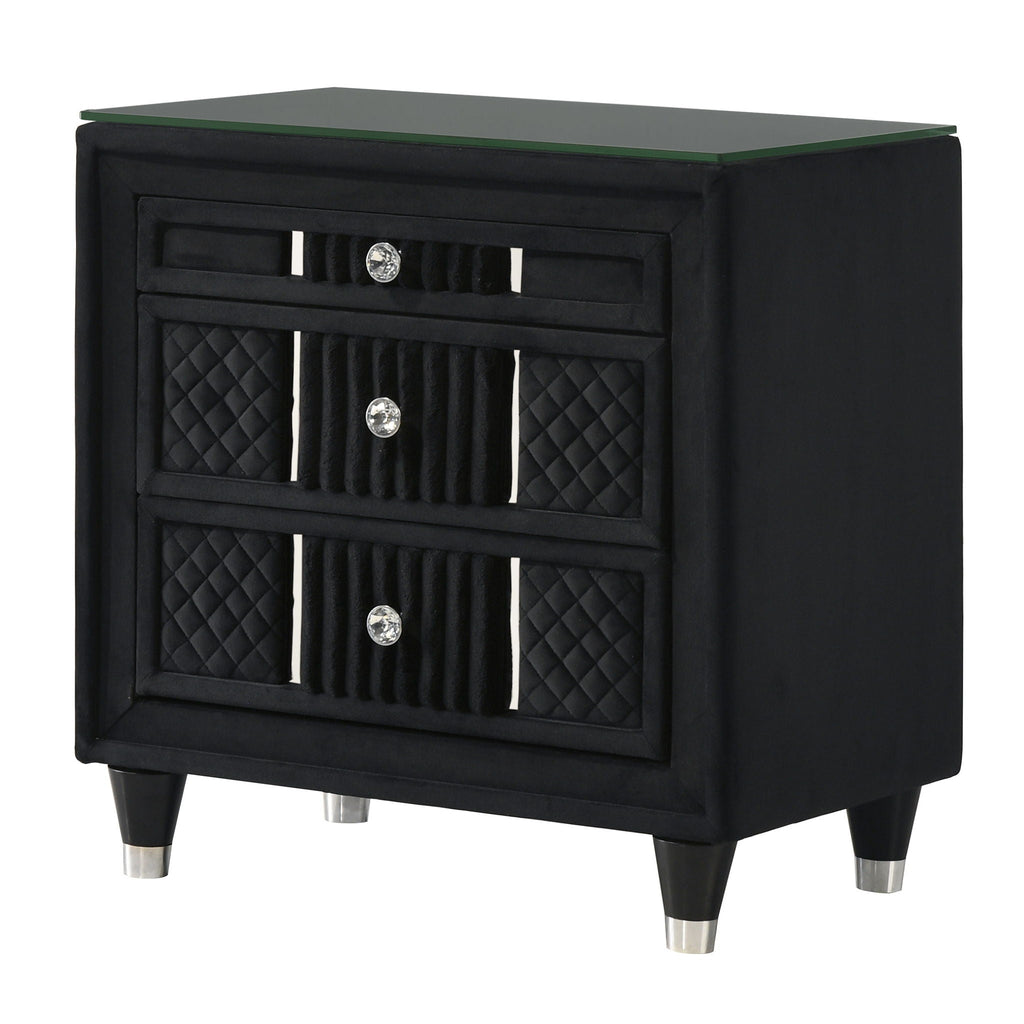1 Piece Nightstand Upholstery Textured Look Luxurious Feel Drawer Fronts Crystal Style Knobs - Black by Unique Piece Furniture