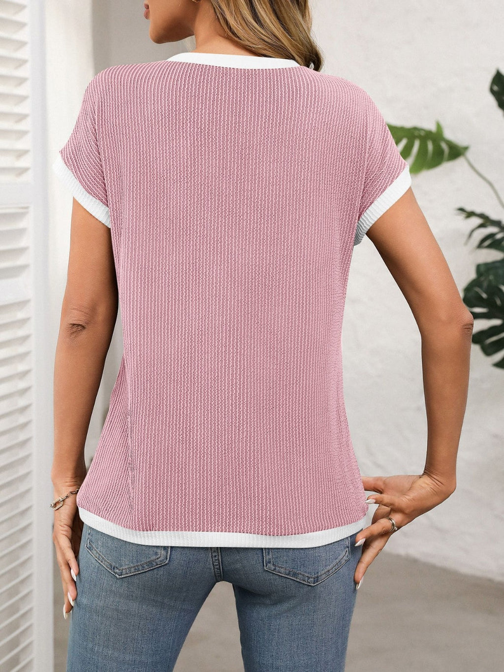 Contrast Trim Round Neck Short Sleeve T-Shirt by Wild and Free Boutique