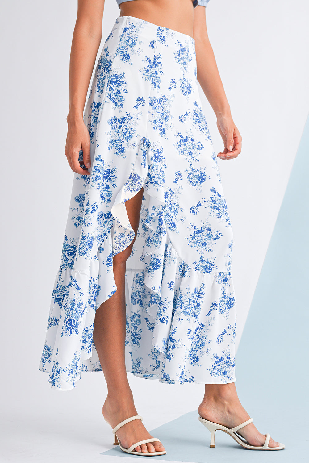 Black Boho Floral High Waist Ruffle Split Maxi Skirt by Wild and Free Boutique