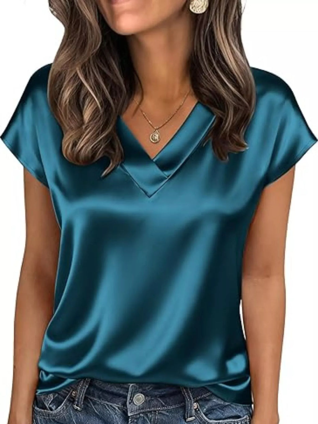Satin V-Neck Short Sleeve Blouse by Wild and Free Boutique
