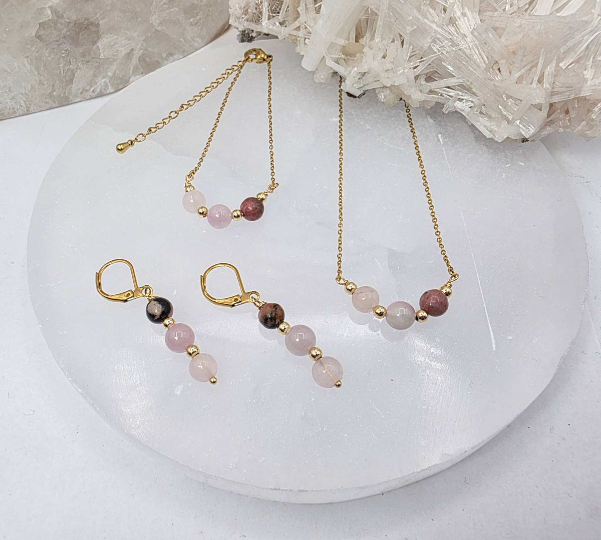 I AM ENOUGH -Kunzite, Rose Quartz, Rhodonite Gem Jewelry Set by Sacred Crystals