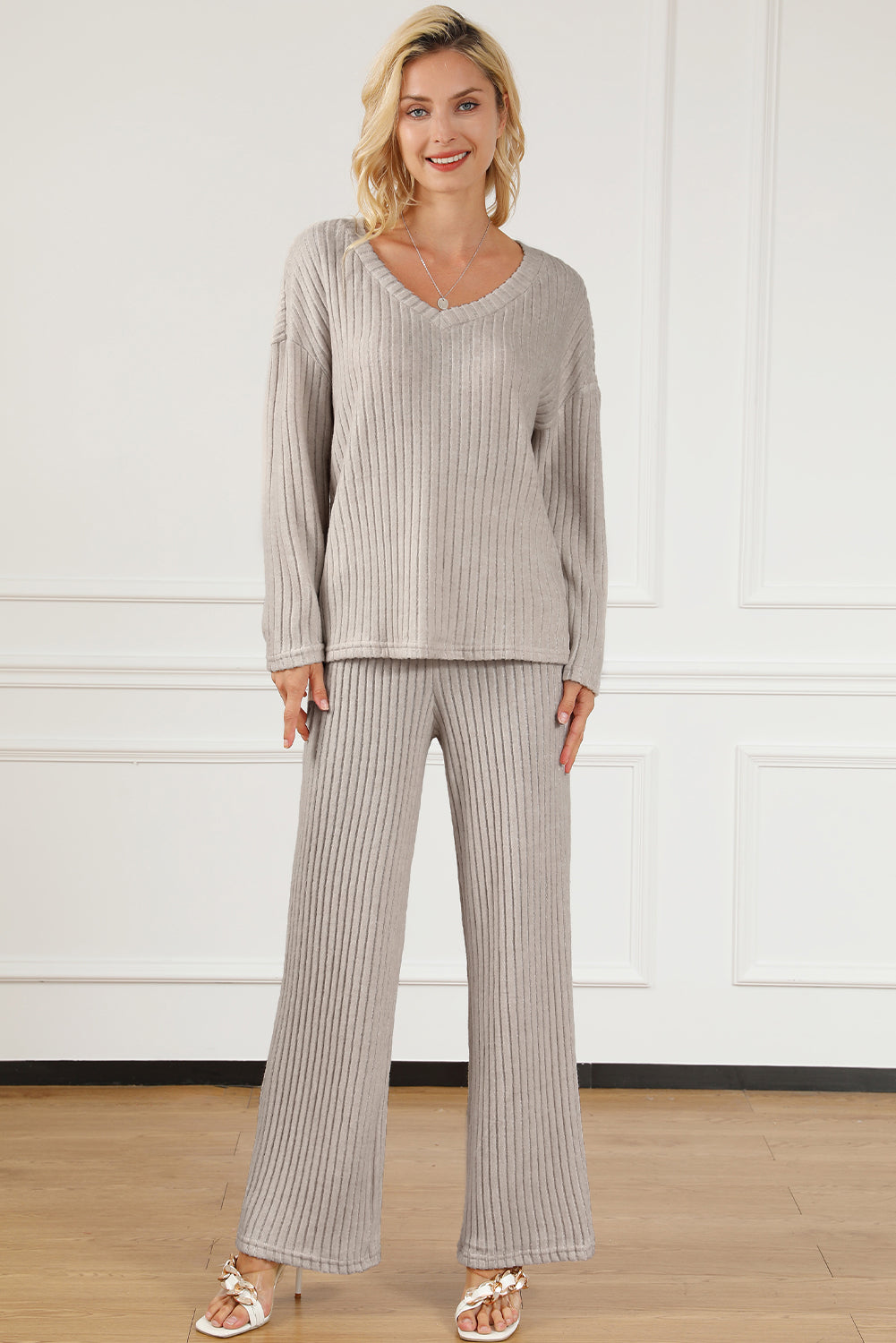 Ribbed V-Neck Top and Pants Lounge Set by Wild and Free Boutique
