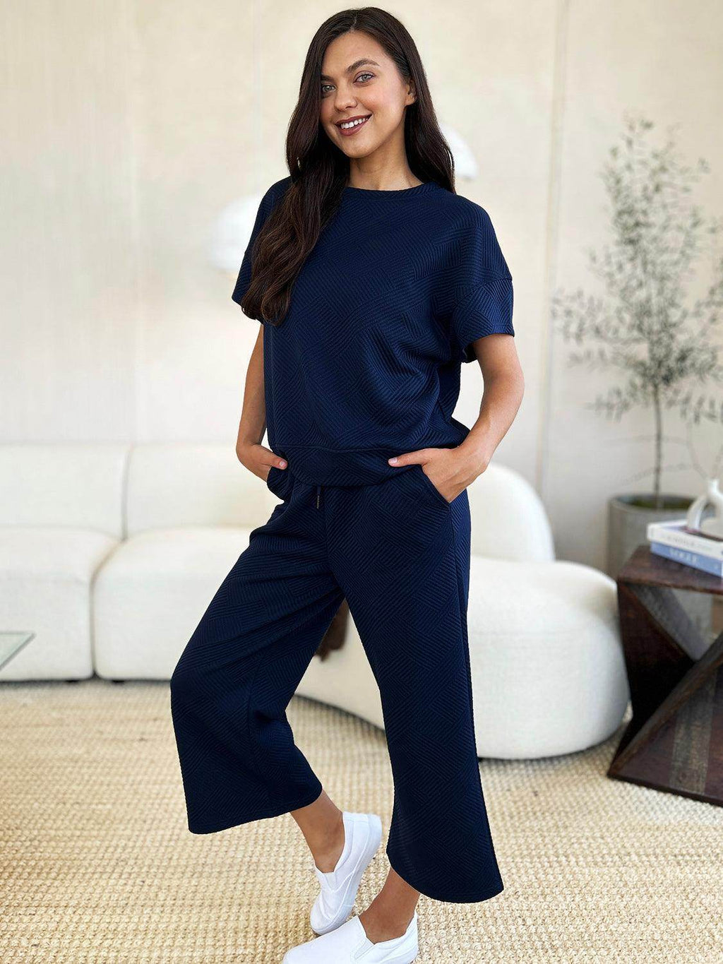 Double Take Full Size Texture Top and Pants Set for Women by Selvanelle