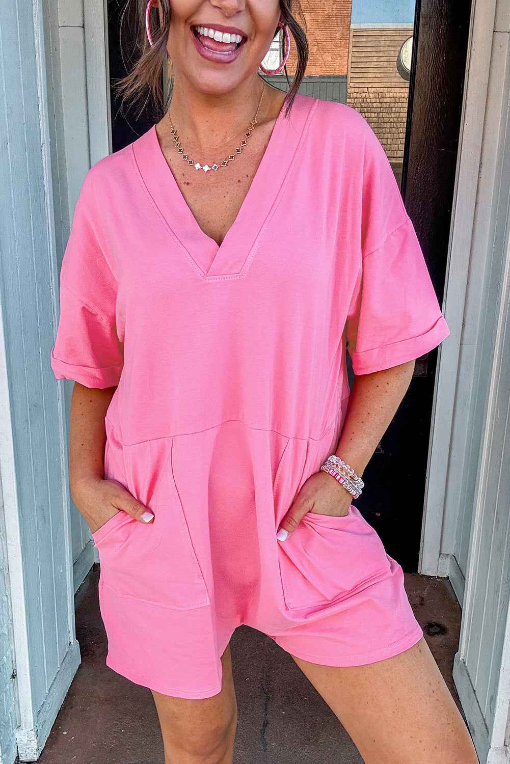Bonbon Loose Half Sleeve V Neck Plain Romper by Wild and Free Boutique