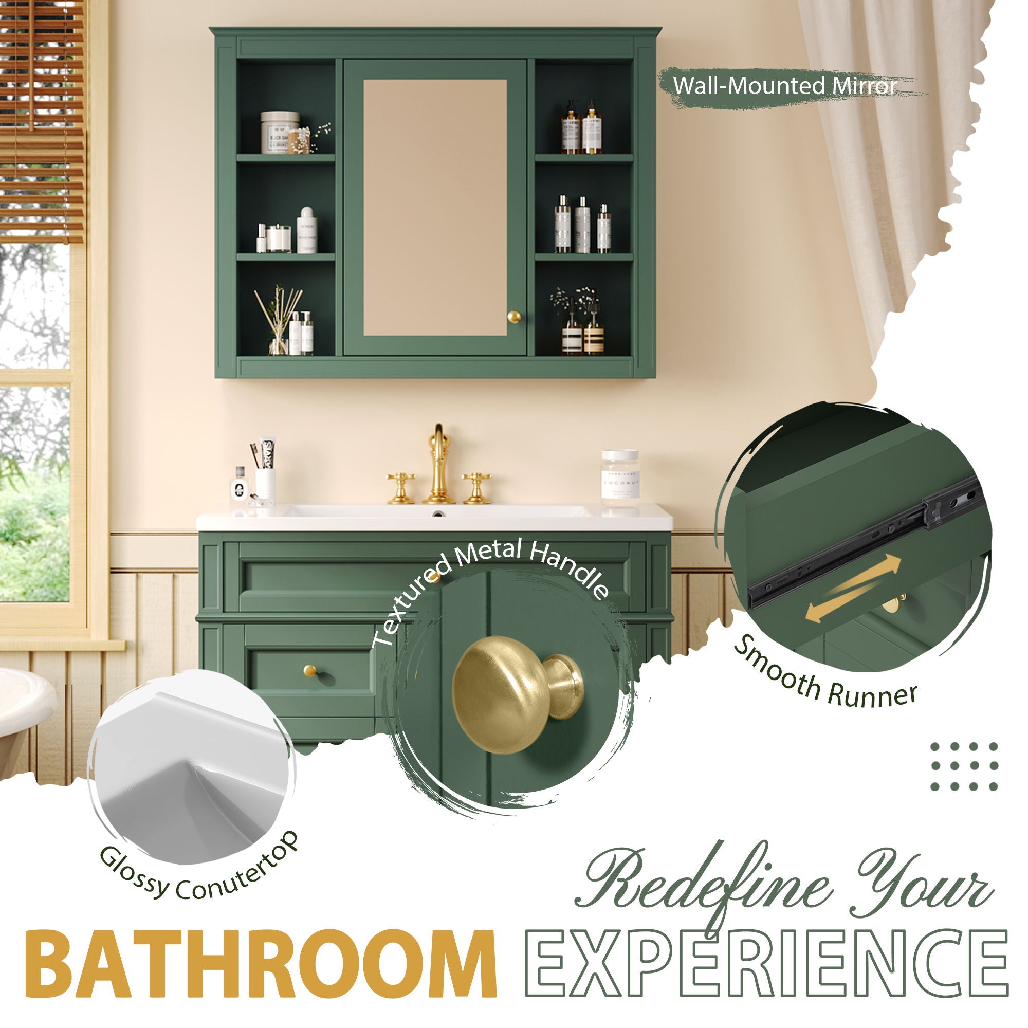 Bathroom Vanity With Mirror Cabinet, Single Sink With 2 Soft Closing Doors And 4 Drawers by Unique Piece Furniture