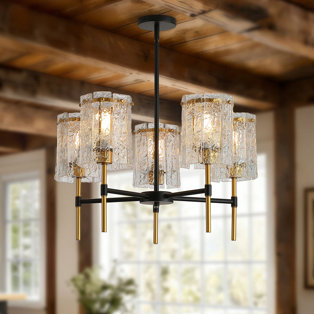 5 Light Chandelier, Textured Glass Pendant Light, (Not Including The Bulb) For Living Room - Black / Gold by Unique Piece Furniture