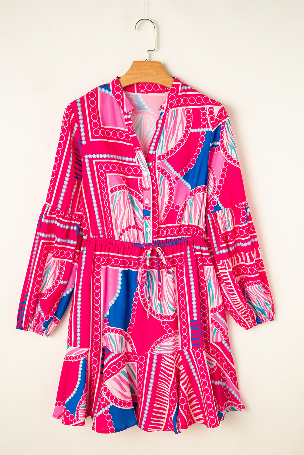 Rose Boho Abstract Printed Puff Sleeve Drawstring Waist Ruffled Mini Dress by Wild and Free Boutique
