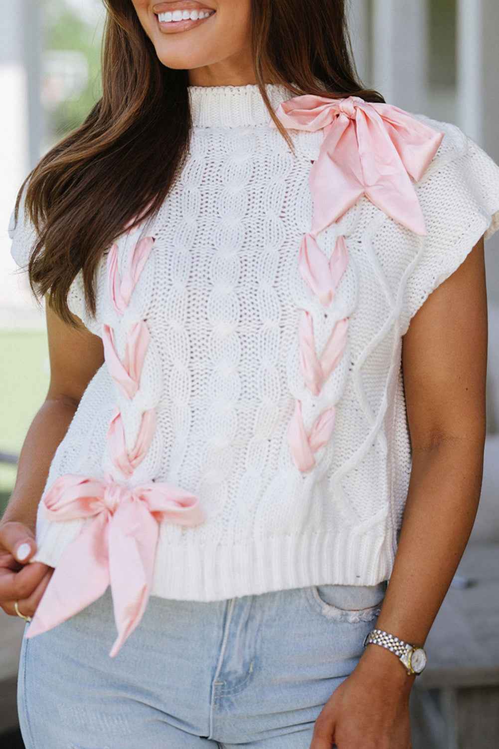 White Cable Knit Colorblock Satin Bowknot Short Sleeve Sweater by Wild and Free Boutique