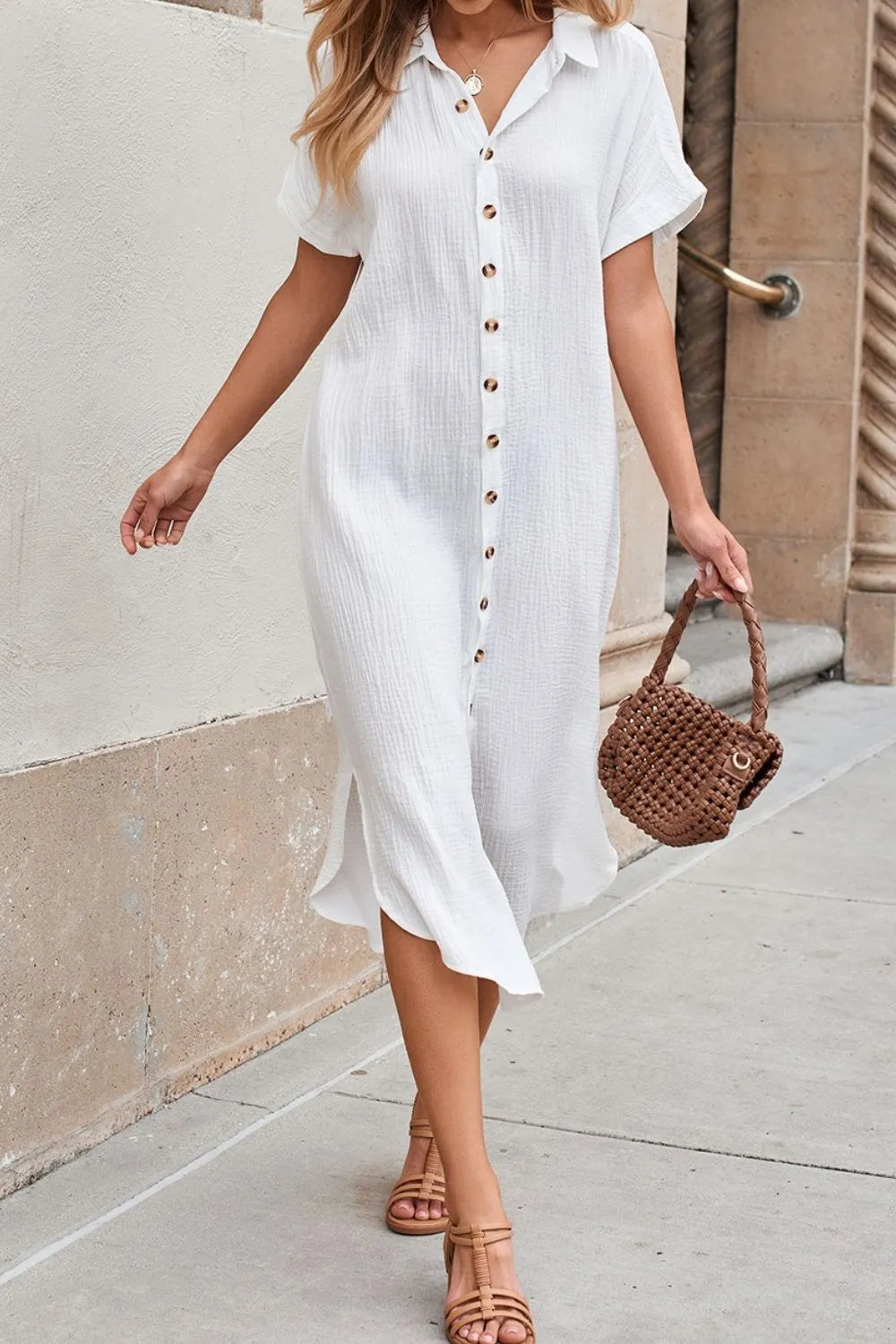 Button Down Short Sleeve Midi Shirt Dress by Simply Love