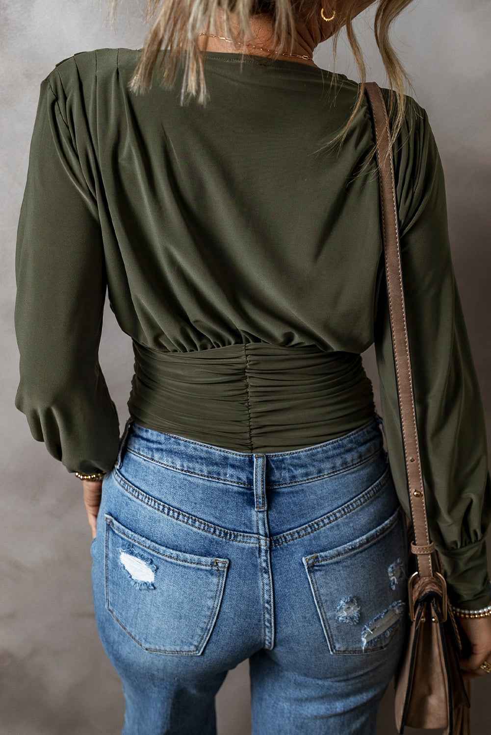 Moss Green Ruched Wrap V Neck Long Sleeve Bodysuit by Wild and Free Boutique