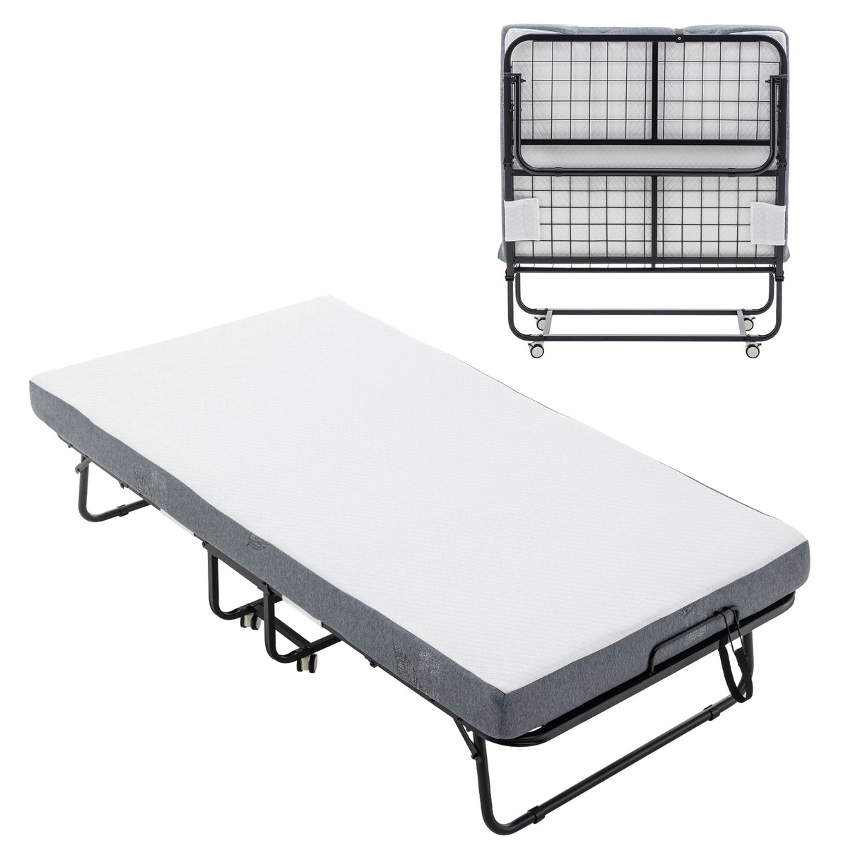 Foldable Metal Frame Bed For Guest With Memory Foam Mattress On Wheels, Saving Space Rollaway Bed by Unique Piece Furniture