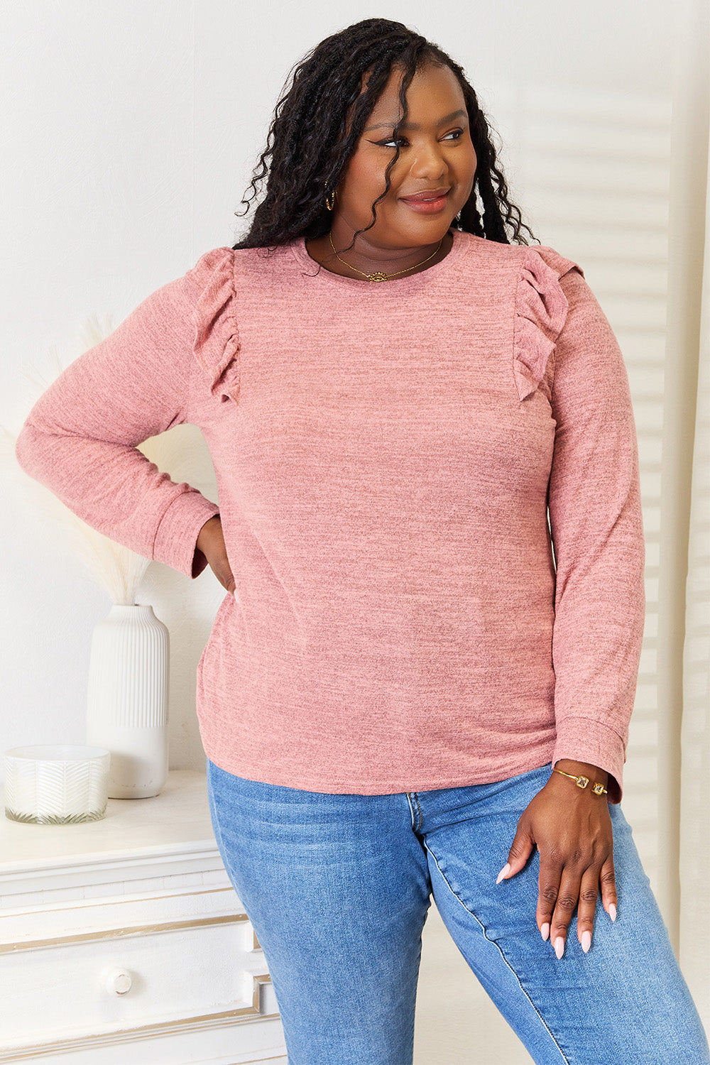 Double Take Ruffle Shoulder Long Sleeve T-Shirt by Wild and Free Boutique