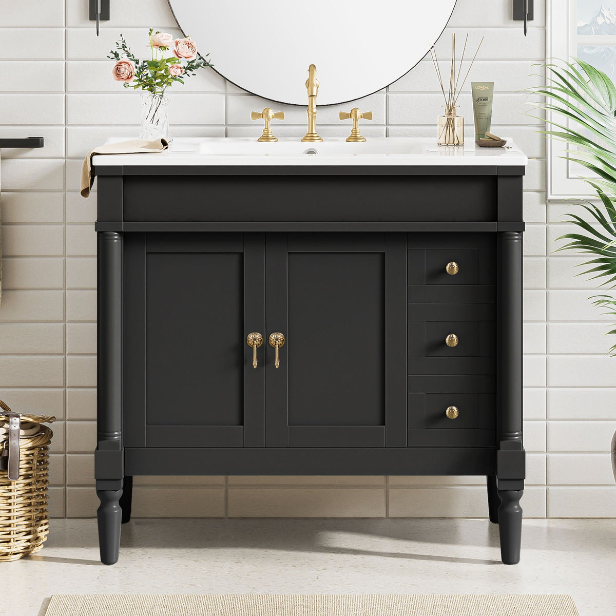 Bathroom Vanity With Ceramic Sink, 2 Doors 3 Drawers, Soft Close Design by Unique Piece Furniture