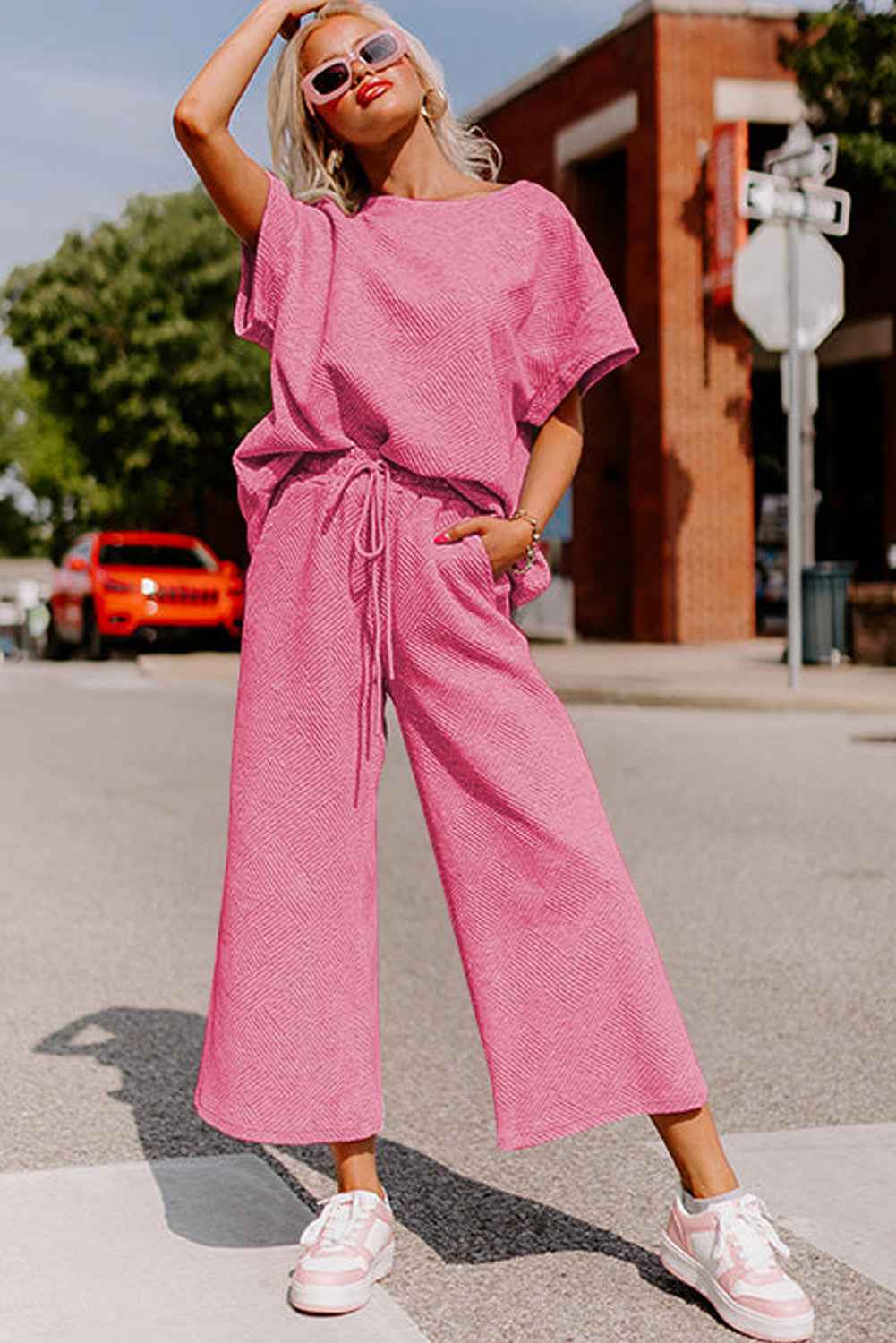 Strawberry Pink Textured Loose Fit T Shirt and Drawstring Pants Set by Wild and Free Boutique