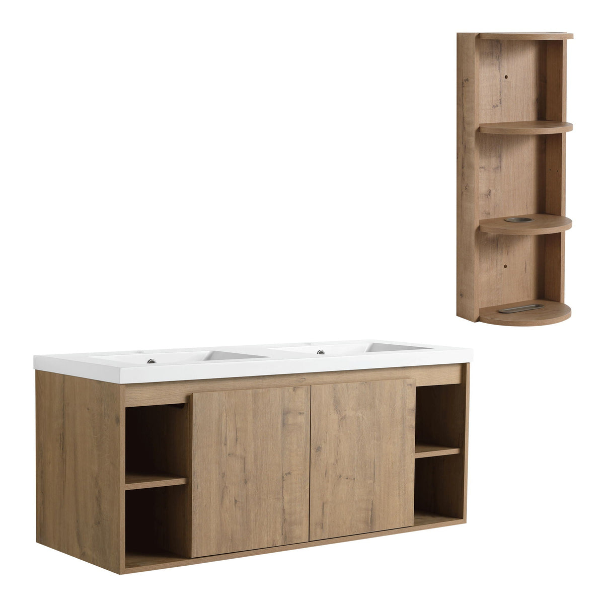 Modern 48" Wall Mounted Bathroom Vanity With Double Resin Sink And Storage Rack Soft Close Doors - Imitative Oak by Unique Piece Furniture