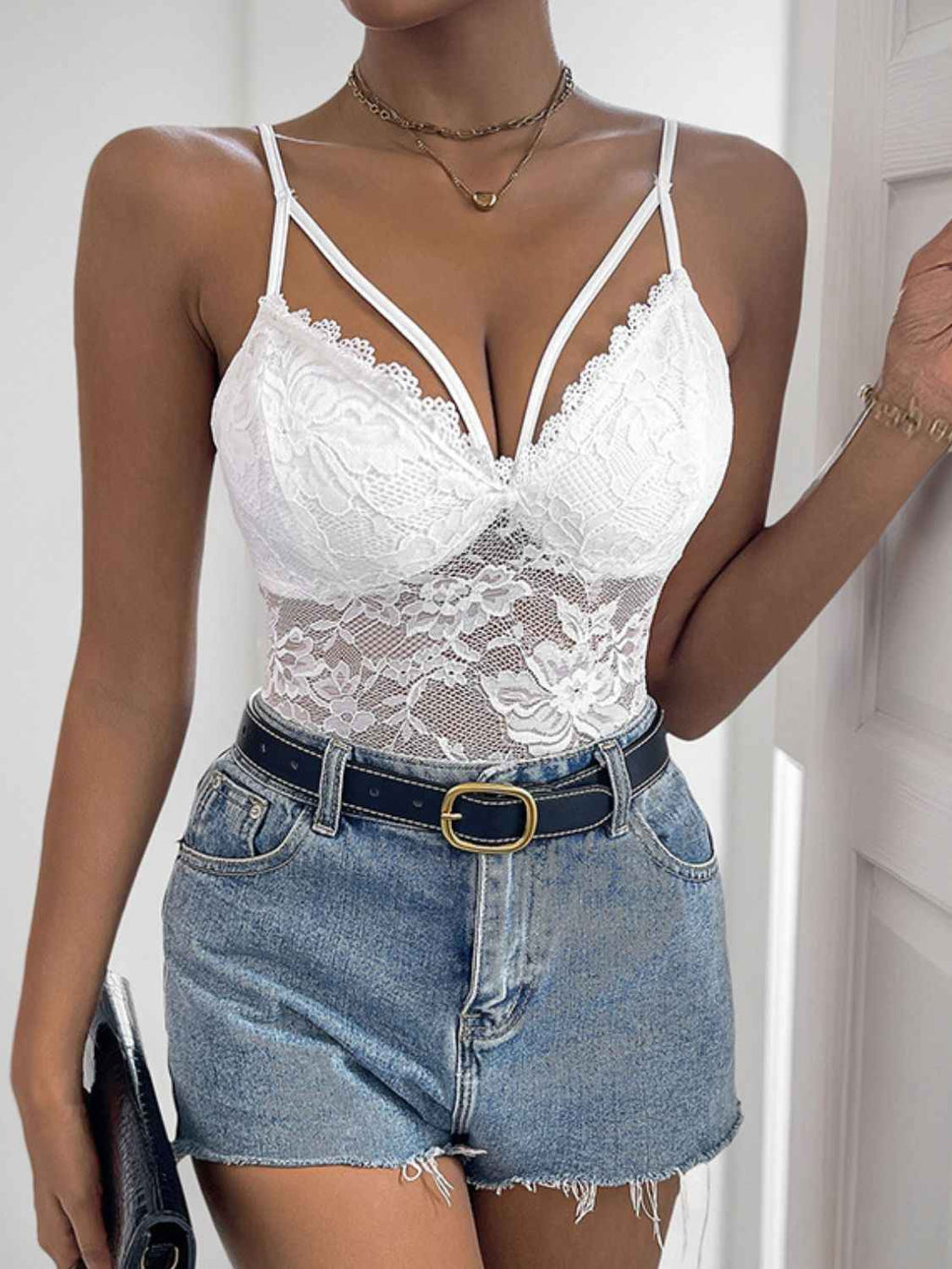 Perfee Spaghetti Strap Lace Bodysuit by Wild and Free Boutique