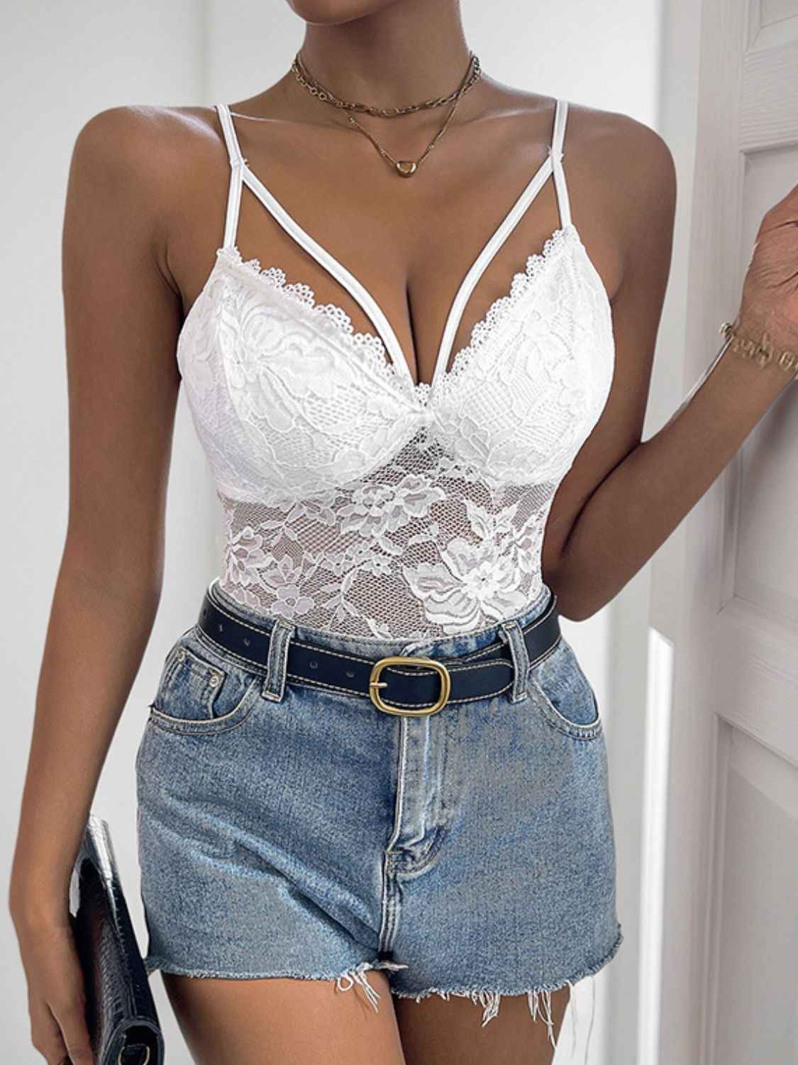 Perfee Spaghetti Strap Lace Bodysuit by Wild and Free Boutique