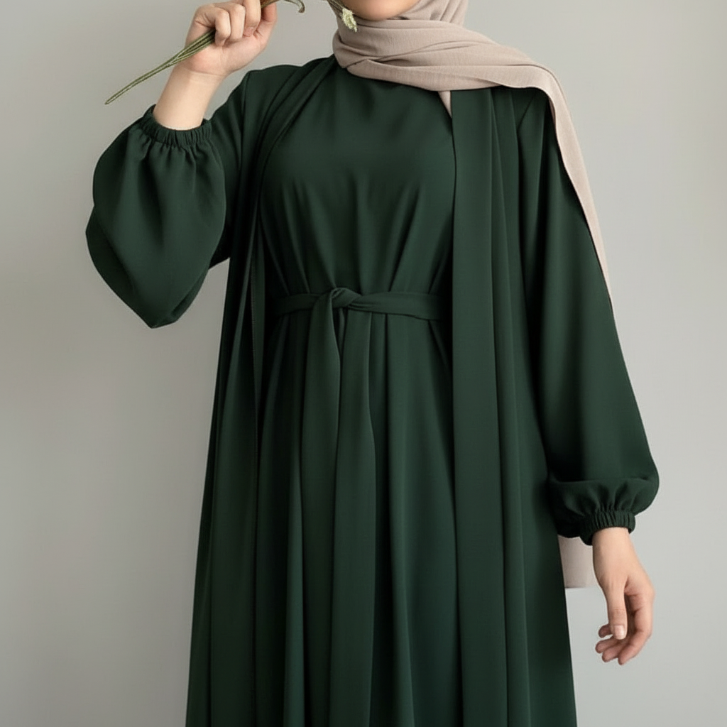 Solid Color Elegant Open Abaya with Pockets | 3-Piece Set Open Abaya (MOA092) by Mariam's Collection