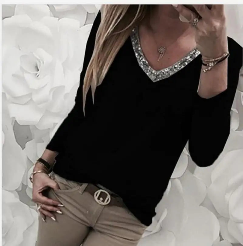 Plus Size Women's Sequin Long Sleeve V Neck T-shirt by Trendy Attic Store01