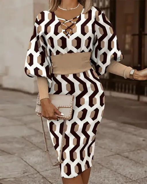 Elegant Women's V-Neck Long Sleeve Pencil Dress by Trendy Attic Store01