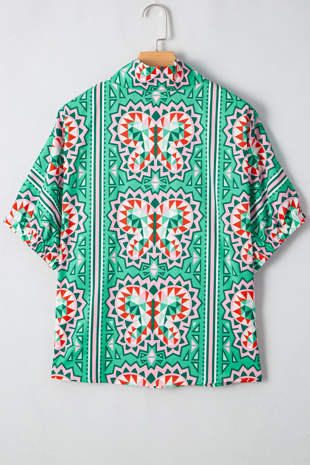 Sea Green Boho Abstract Print Contrast Striped Collared V Neck Blouse by Wild and Free Boutique