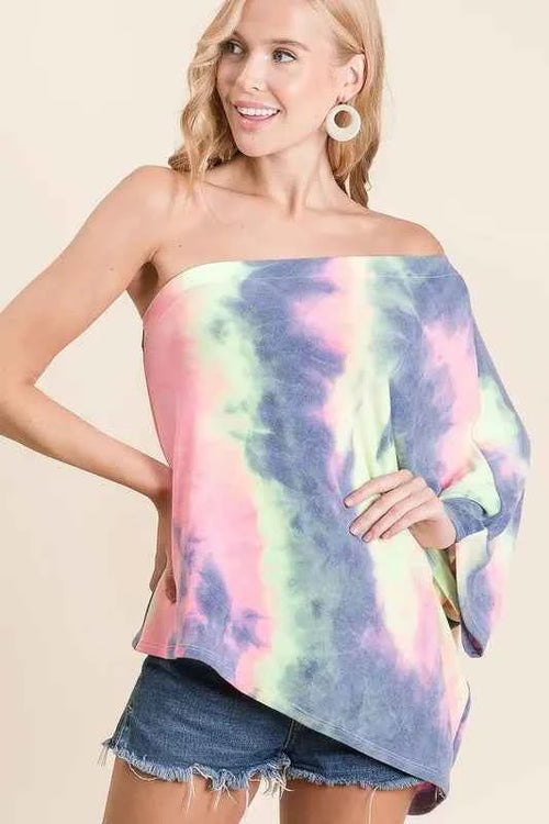 BiBi Tie Dye French Terry One Shoulder Top with Dolman by Wild and Free Boutique