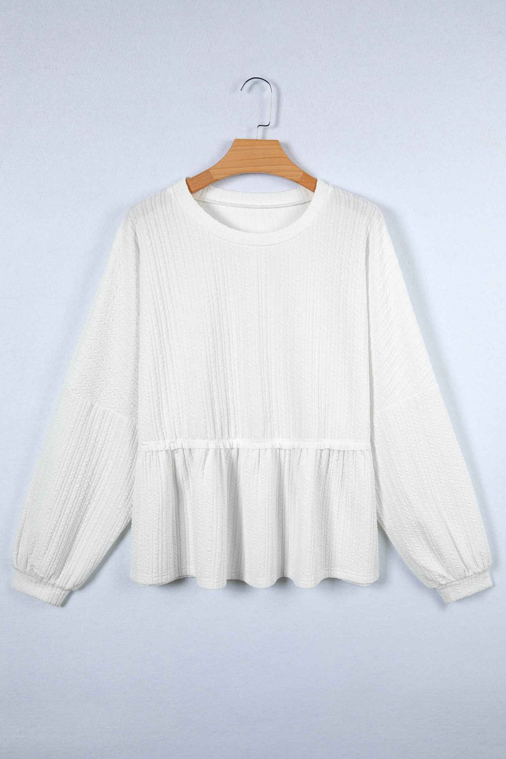 White Solid Color Textured Drop Shoulder Long Sleeve Peplum Top by Wild and Free Boutique