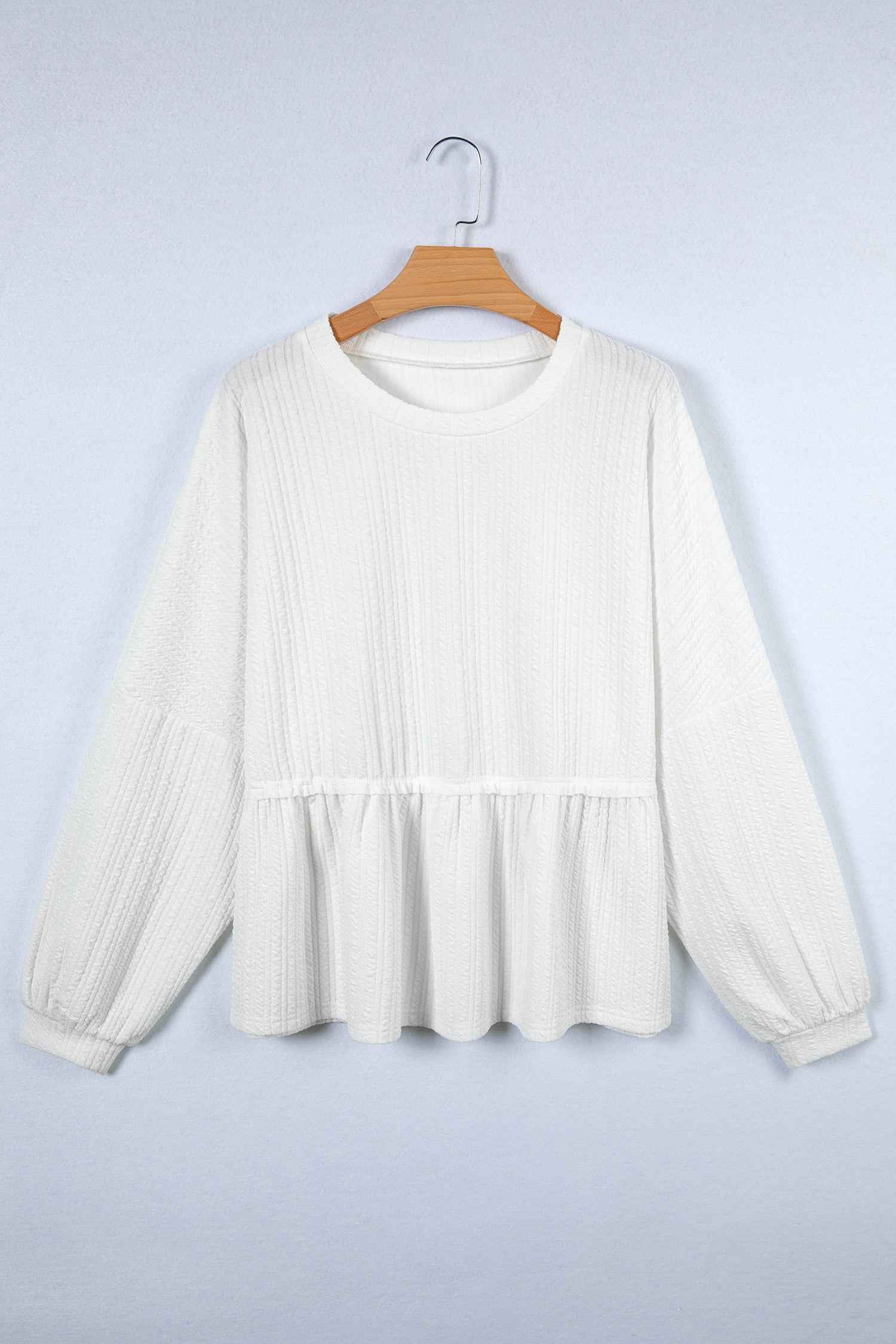 White Solid Color Textured Drop Shoulder Long Sleeve Peplum Top by Wild and Free Boutique