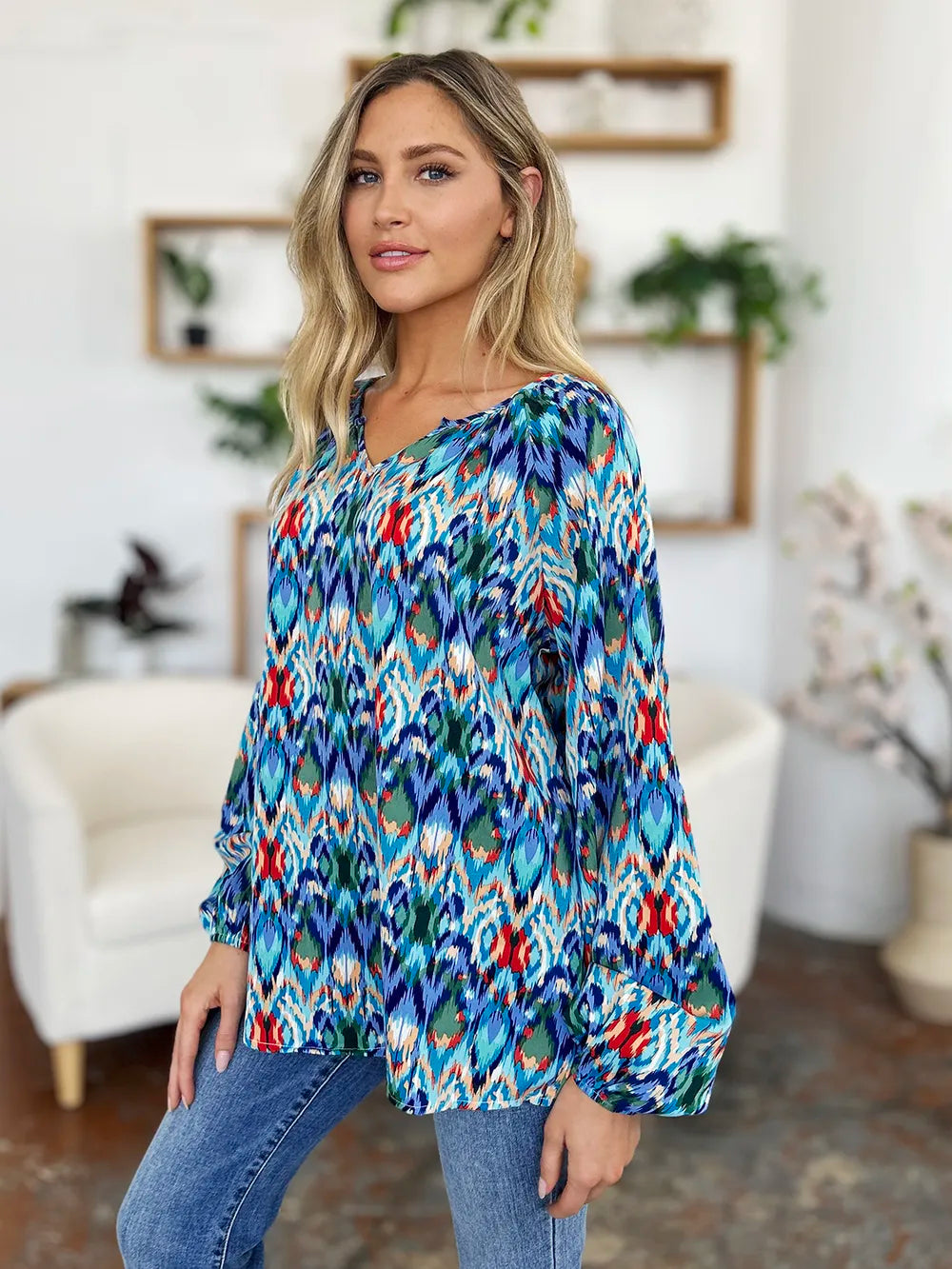 Double Take Full Size Printed Balloon Sleeve Blouse by Wild and Free Boutique