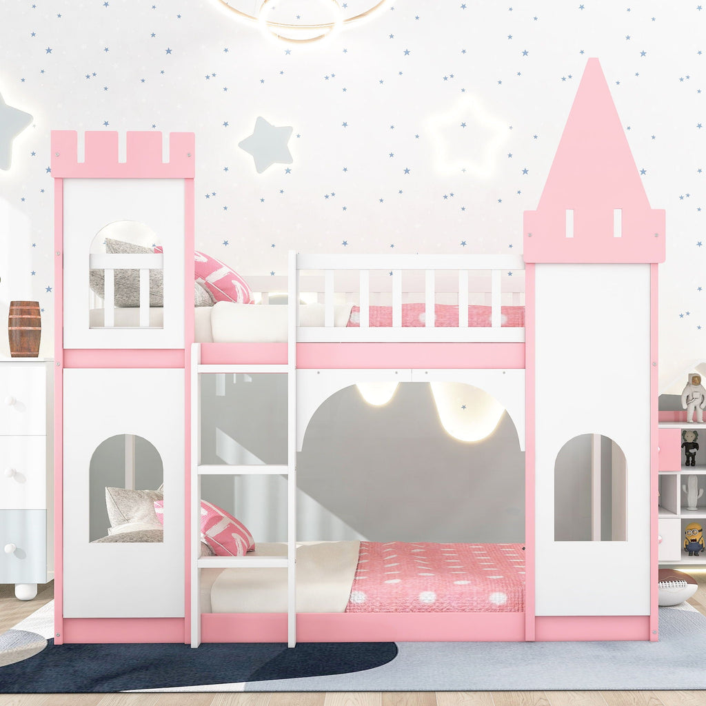 Twin Over Twin Castle Bunk Bed With Ladder - Pink by Unique Piece Furniture