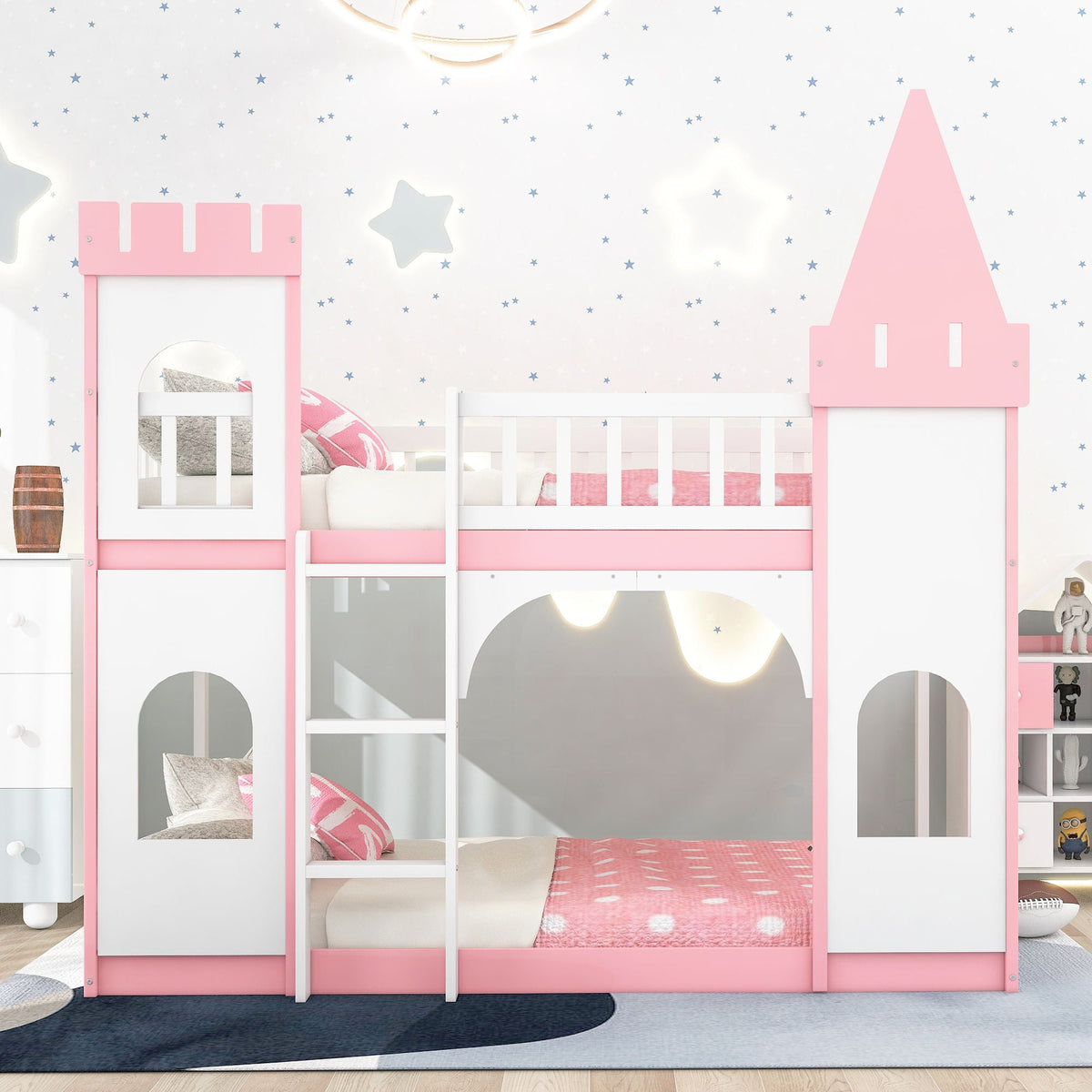 Twin Over Twin Castle Bunk Bed With Ladder - Pink by Unique Piece Furniture