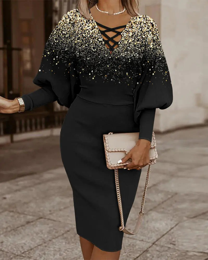 Elegant Women's V-Neck Long Sleeve Pencil Dress by Trendy Attic Store01