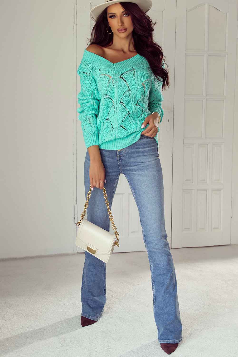 Mint Green Hollow Out Knit V Neck Drop Shoulder Sweater by Wild and Free Boutique