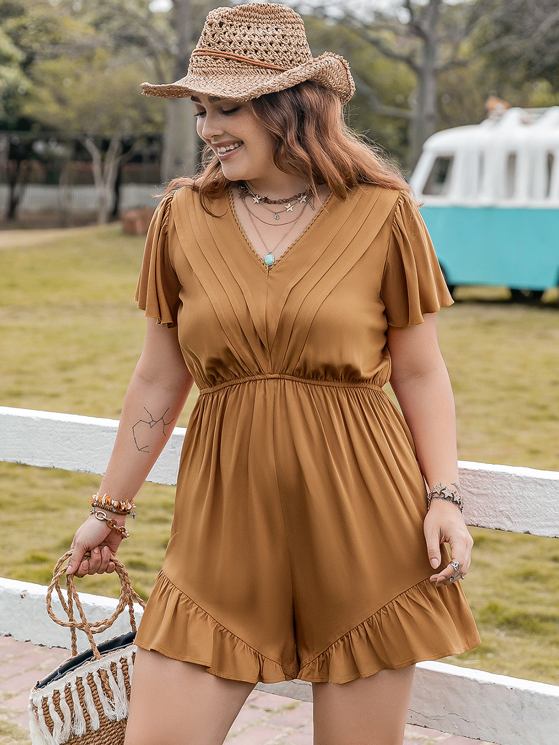 Plus Size Ruffled V-Neck Short Sleeve Romper by Wild and Free Boutique